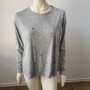 Crown & Ivy Top Long Sleeve Gray embroidered Heart Print Top Size PXL $34.50 NEW